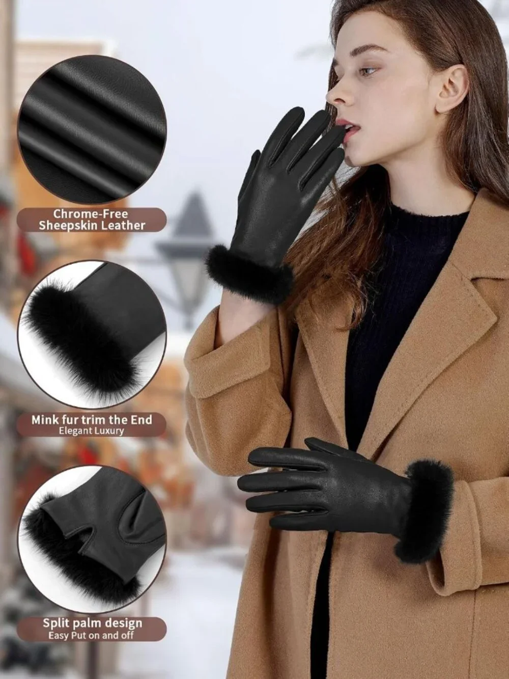 Warm Touchscreen Leather Gloves with Fur Cuff | Cashmere Lined Winter Driving